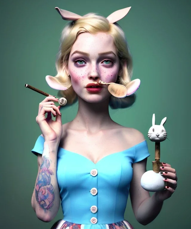 Ultra realistic portrait, wonderland, happy blonde Alice smoking a pipe, blue dress accompanied by elegant anthropomorphic white rabbit, circus dress style, old school tattoo, laughter, smoke, marijuana garden, mushroom lamps, glow eyes, perfect iris, soft color, highly detailed, unreal engine 5, ray tracing, RTX, lumen lighting, ultra detail, volumetric lighting, high definition.