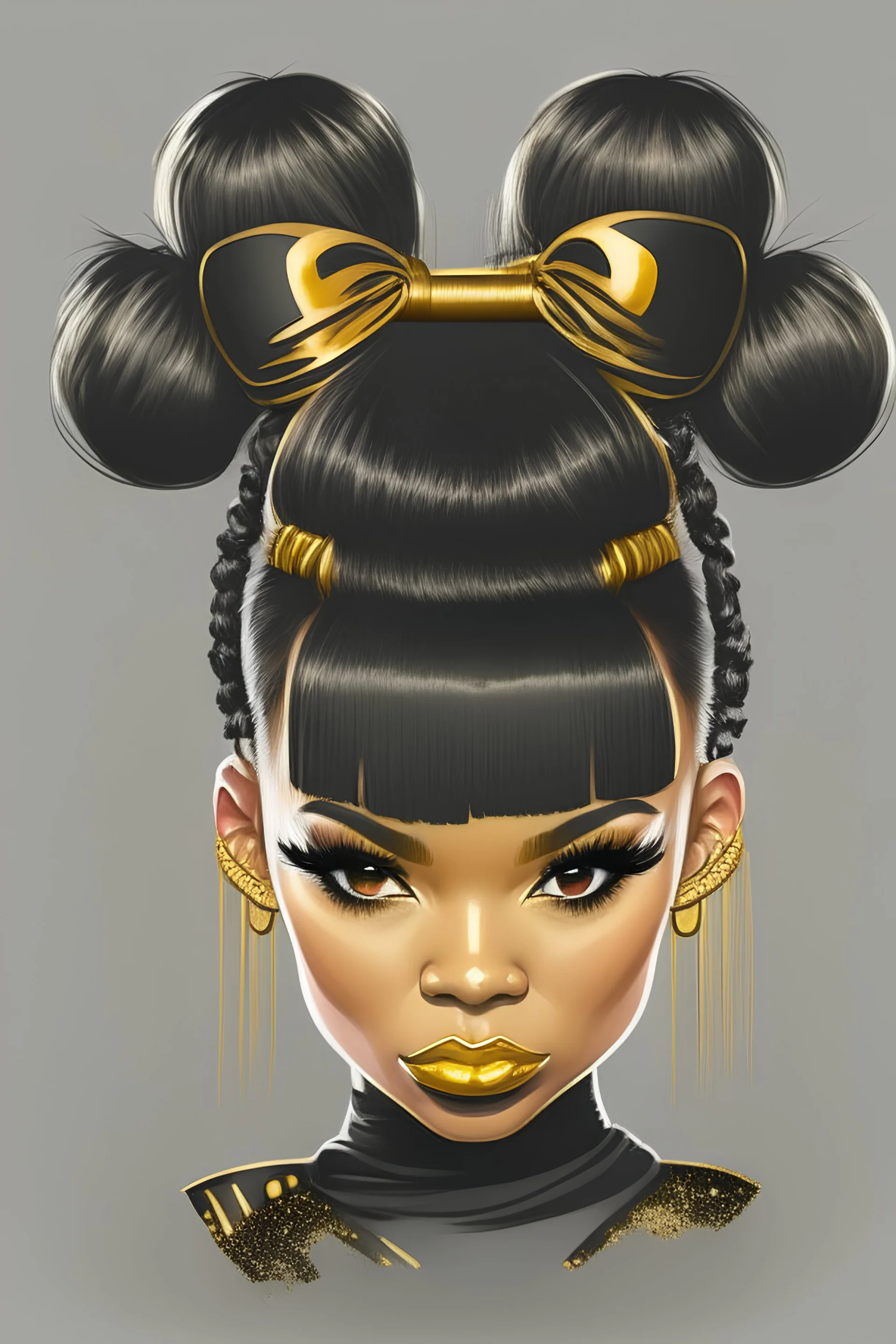 Black and gold girl with two buns and fringe hairstyle, logo deaign