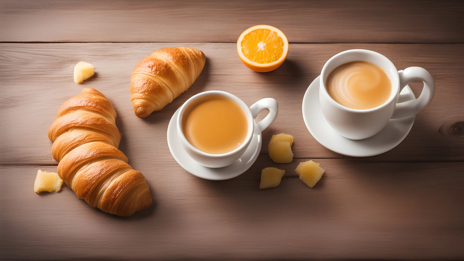 hot coffee and two croissants and orange juice on a wooden table background, selective approach.