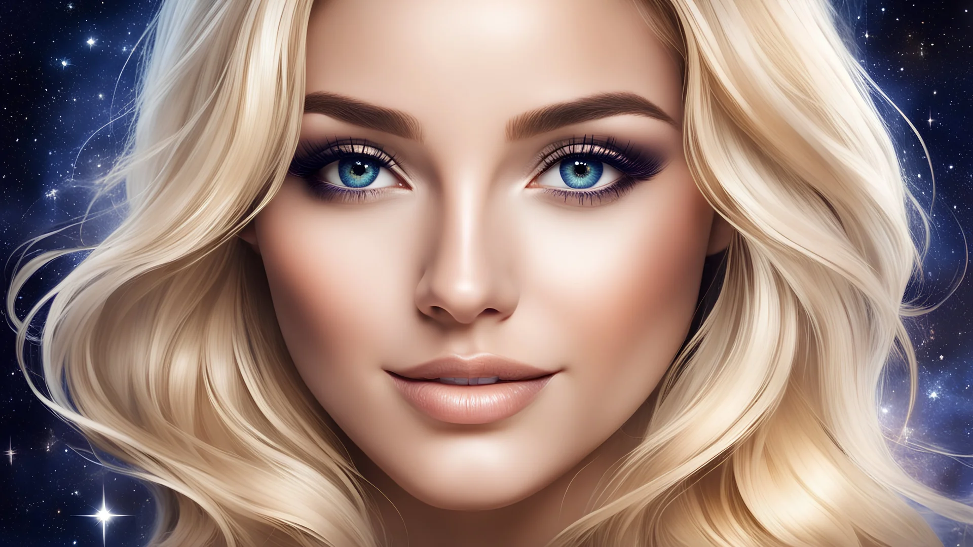 beautiful woman face, where the iris of the eye as the gateway to the universe, happy and smilling, the pupil containing the stars, blond traight hair