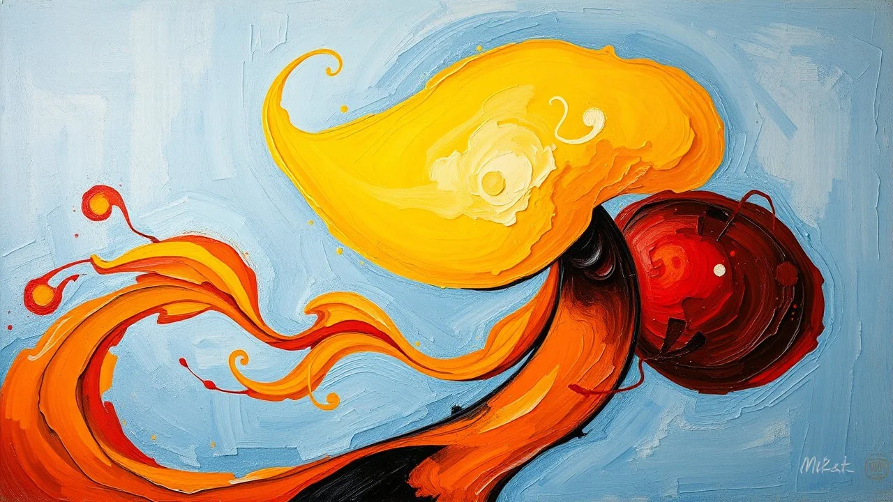 Oil painting, Abstract composition featuring a stylized figure with a large, red and yellow shape resembling a hat or shell , and flowing, organic forms in warm tones . The background is a soft, textured blue , enhancing the dynamic movement of the figure, creative, extremely detailed brush stroke