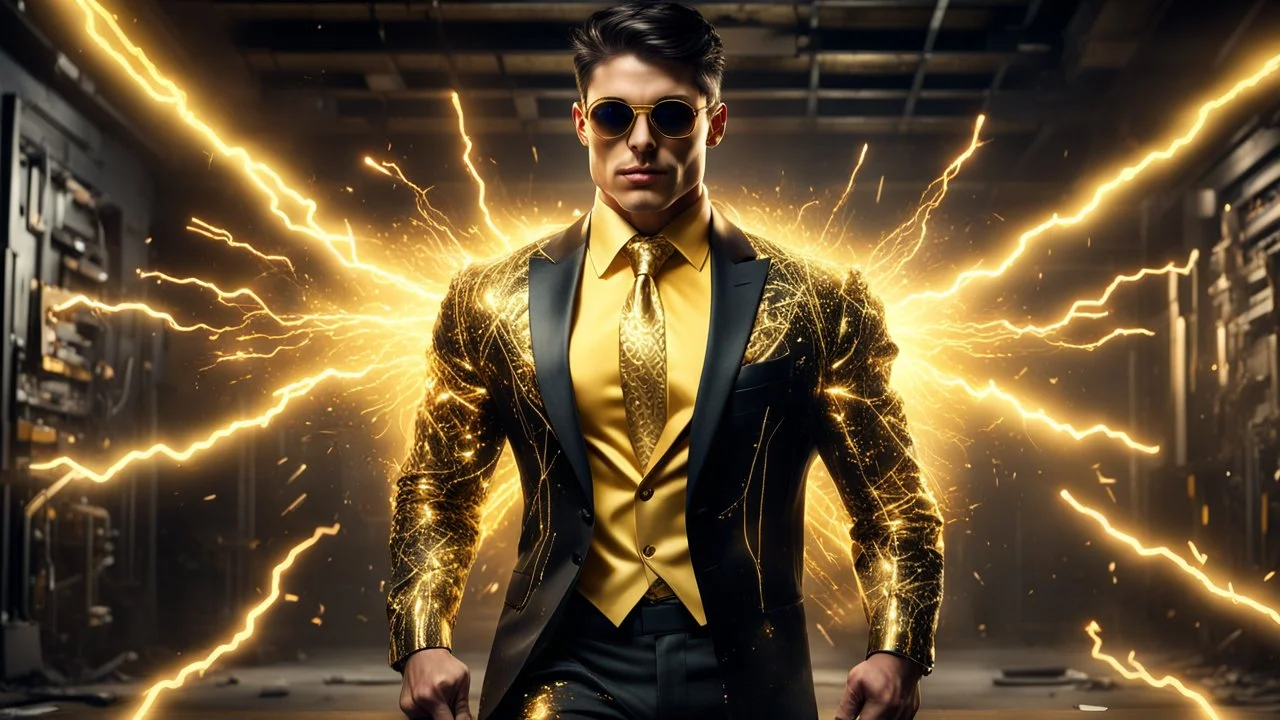 Hyper Realistic handsome muscular Electric-Superhero with short-black-hair wearing long-fancy-yellow-tuxedo-with-golden-circuit-patterns, Black-shirt & Golden-electric-tie & fancy-golden-sunglasses aggressively-unleashing-thunderbolt in a dark-rustic-circuit-room with electric-sparks-&-rays & a massive circuit-board-wall with-glowing-embers showing dramatic & cinematic ambiance.