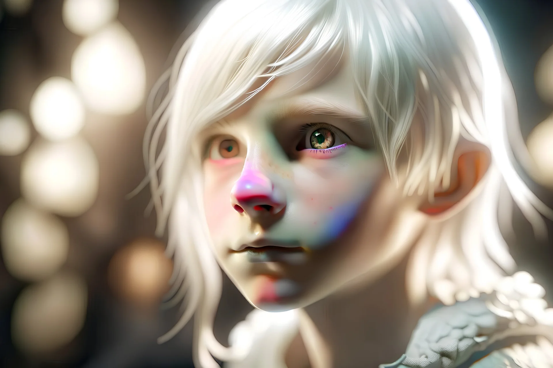 Detailed close-up photo-realistic portrait of a cute albino elf boy, cropped image showing left side, staring towards left of camera, cascading locks of long thick white hair, gray eyes, flawless skin, innocent look, look of wonder, contrasting lighting, bokeh in background,