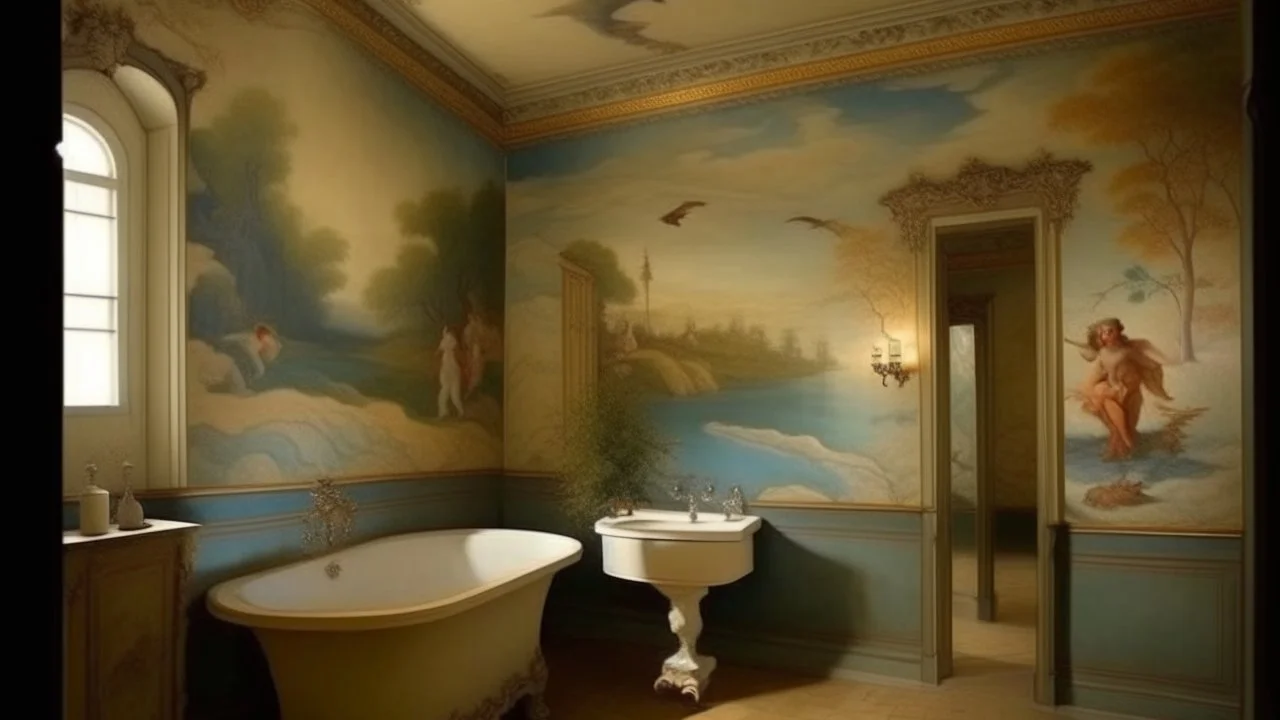 A cast bathroom in a shabby family room by Maxfield Parrish and Paul Cézanne | stunning fresco