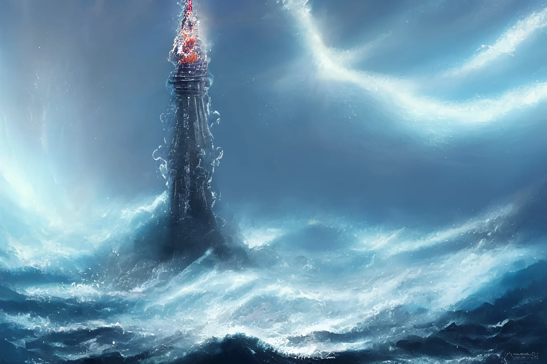 a delicate sparkling diamond fantasy tower splashes upwards from a turbulent ocean, dramatic lighting, rich colors, sunlight shimmering off the tower and the water and the spray, beautiful oil painting trending on artstation