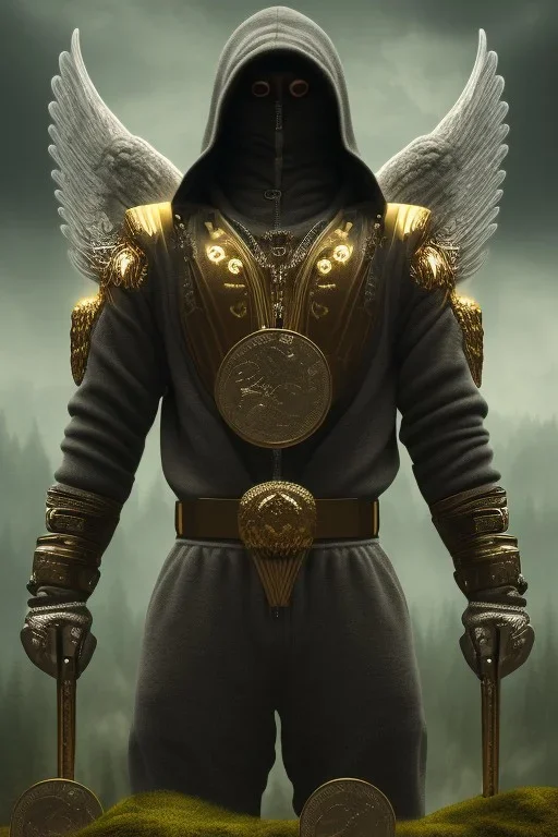 running berserker portrait , no face, black jogging suite , in the night Alps , holding coins , angels background, volumetric gold light, high detail, dark leaf tree, dark mountains in background, perfect, HR Giger style