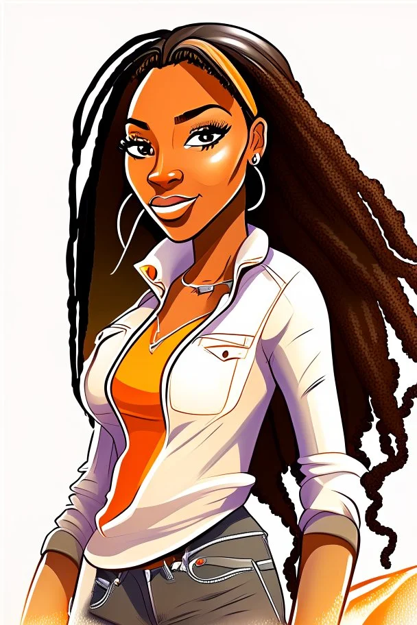 Create a digital airbrush cartoon of a curvy African American female wearing tight white jeans and a off the shoulder orange blouse. She is also wearing timberland boots. Prominent make up with hazel eyes. Highly detailed very long extremely dread locs black hair. Her skin is smooth and silky. Background of a track of ATV riders.