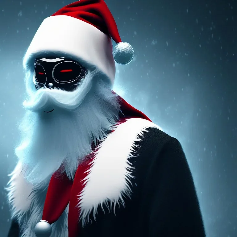 All Black Santa, ghost, wearing high tech mask, white smoke, dark, rage, high definition, ultra 8 k, volumetric lighting, blue fire, fog red rain