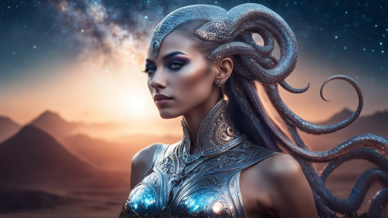 gorgeous female humanoid alien, double exposure, silver skin, slender muscular warrior looking over her shoulder at the sky, tentacles, copper-zinc orichalcum jewelry and piercings, beautiful face, mesmerizing starry eyes, smooth translucent skin, hourglass, glowing, glare, size DD.