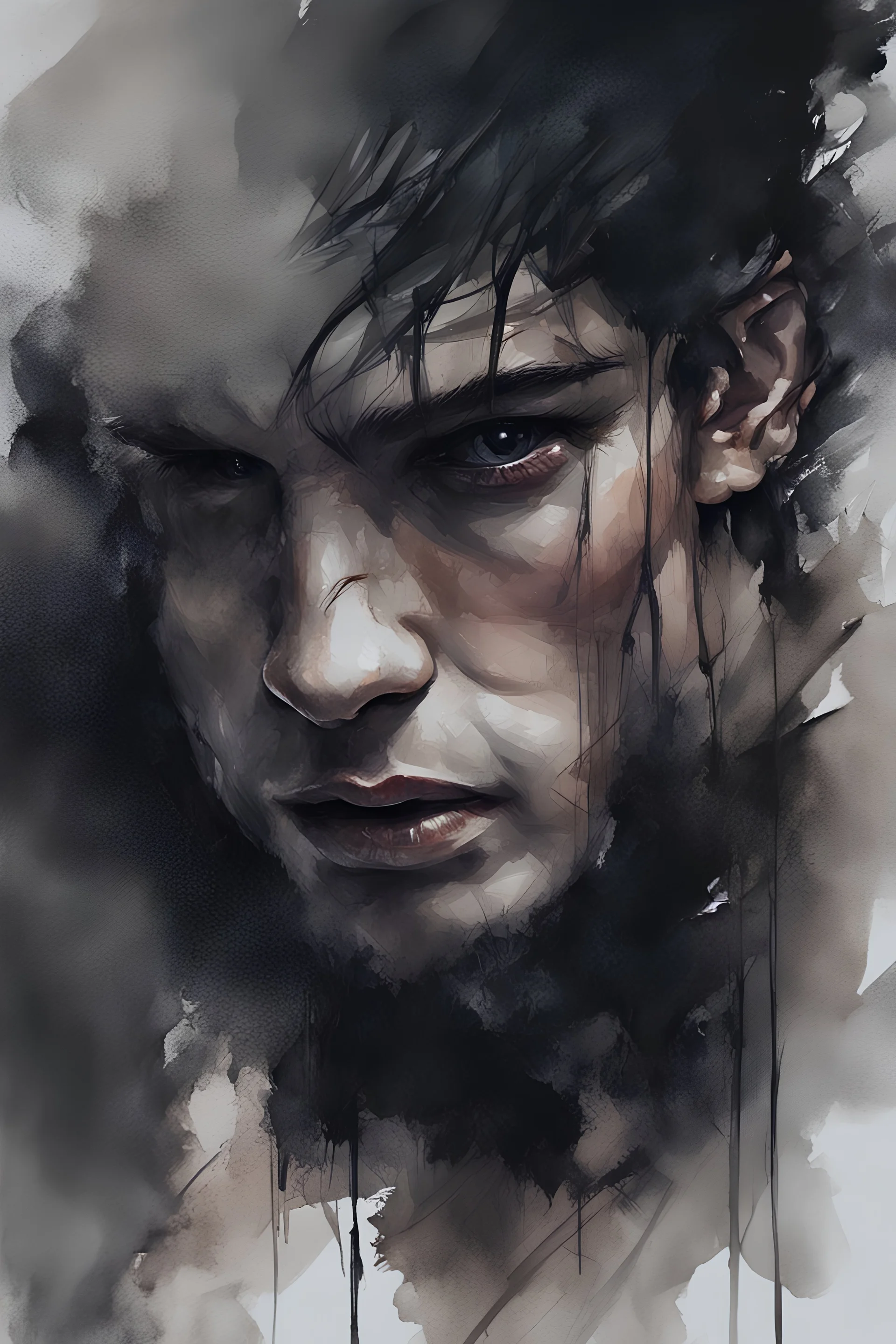 man is a rock made of stones taller than trees, vivid emotions, watercolor, photorealism, dark fantasy, bad weather, gloomy day, dark world, sketch art, fine lines, grunge, sensual, darkness, by Raymond Swanland & Alyssa Monks & Anna Razumovskaya