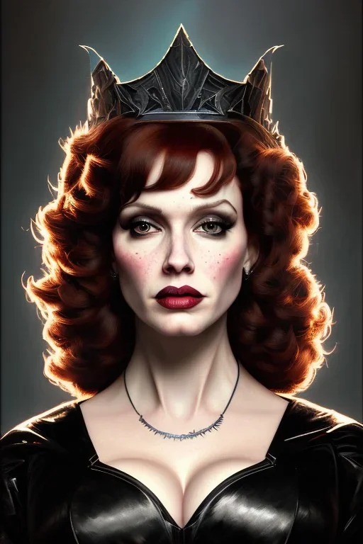 painting of christina hendricks as evil queen in black leather, feminie, angry, volouptous, busty, cleavage, emperious, mature, highly detailed, digital painting, artstation, concept art, smooth, sharp focus, illustration, art by gaston bussiere and alphonse mucha