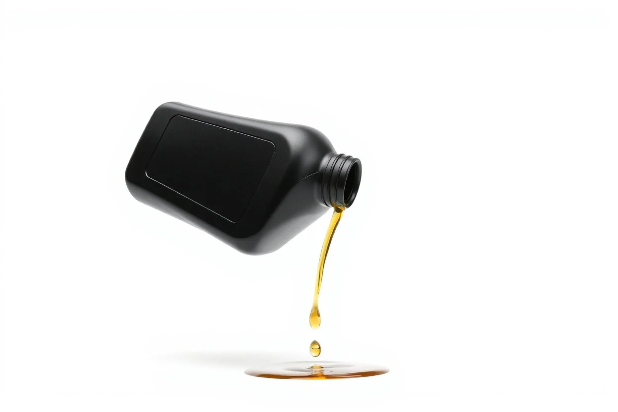 whole bottle(black plastic, 1 liter, quart, generic motor oil) floating on an angle in middle of image while pouring(oil) out down from the bottle's opening. white background, Smooth vector