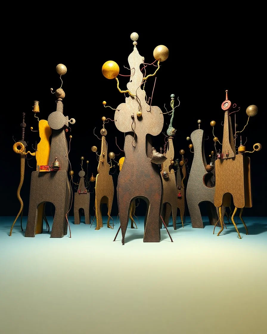 Fotografia di una superficie piatta di colore azzurro chiaro e giallo pastello, su cui si ergono enormi surreali strutture di forma astratta e surreale, di metallo, di colori vari, forti contrasti. Buio. Joan Miró odd style. Strong 3d deep field. Oscurità, paranoic, obsessive, homologic, phobic, nightmare, notte, glossy, hasselblad h6d400c --ar 85:128 --v 6.