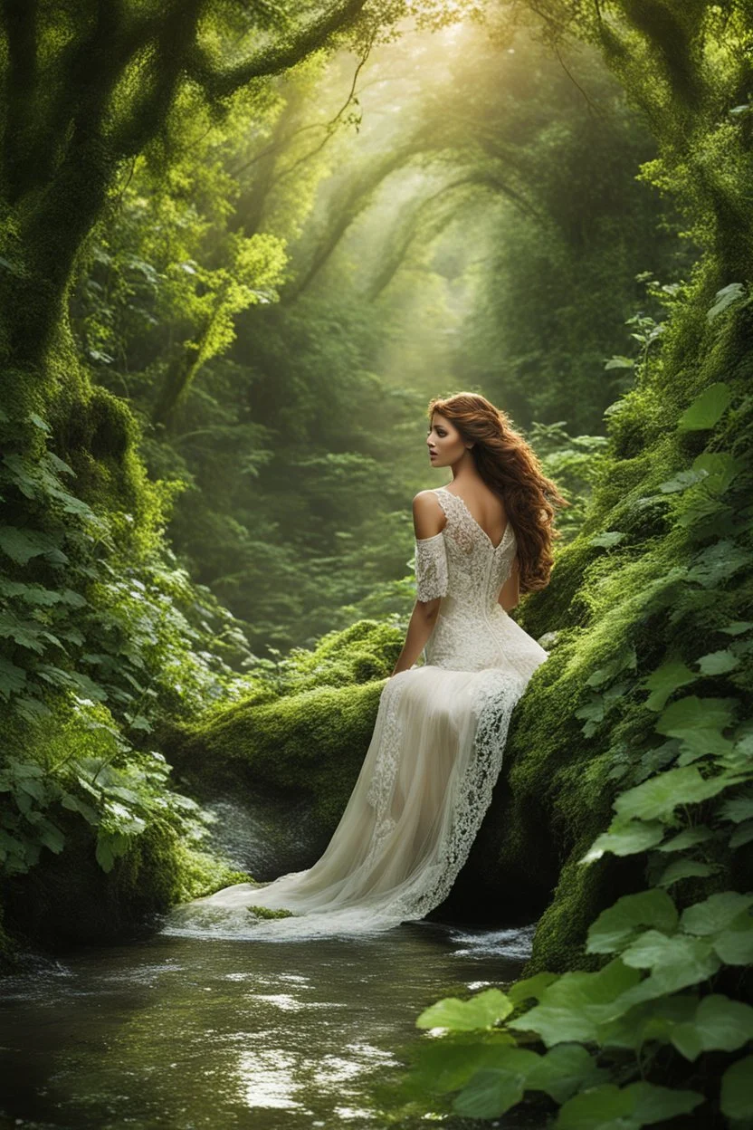 For where weary nymph once rested, now a vision lies that puts the dawn's blush to shame. Fiona lounges 'mid glades of greenery and bronze, clad in whispers of silk that beg exploration's hand. Lace trails o'er curves lithe as ivy stems, blessing glimpses of fruits no tongue dare name. And oh, those locks - like streams of smoothest onyx they pool, spilling from braids wrought fierce as heather brawling 'gainst the stone. Wild contrasts to the blooms now bared where shadow plays, sweetly tauntin