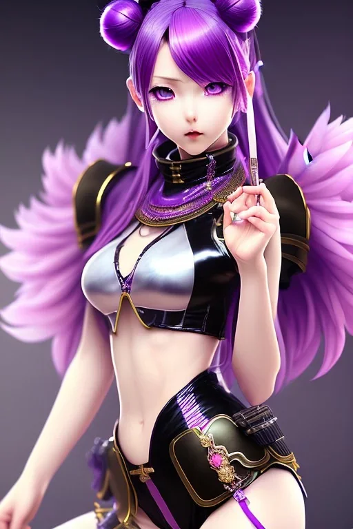 Detailed cute anime Kunoichi girl, purple hair buns, purple bangs, black latex bodysuit, intricate details, full body portrait, keep head in frame, slight smile, black Japanese motif, concept art, highly detailed, digital painting, concept art, sharp focus, illustration, art by Yoji Shinkawa, WLOP and greg rutkowski and alphonse mucha and artgerm and yanjun Chen and Junji ito and Makoto Shinkai, HDR, octane render