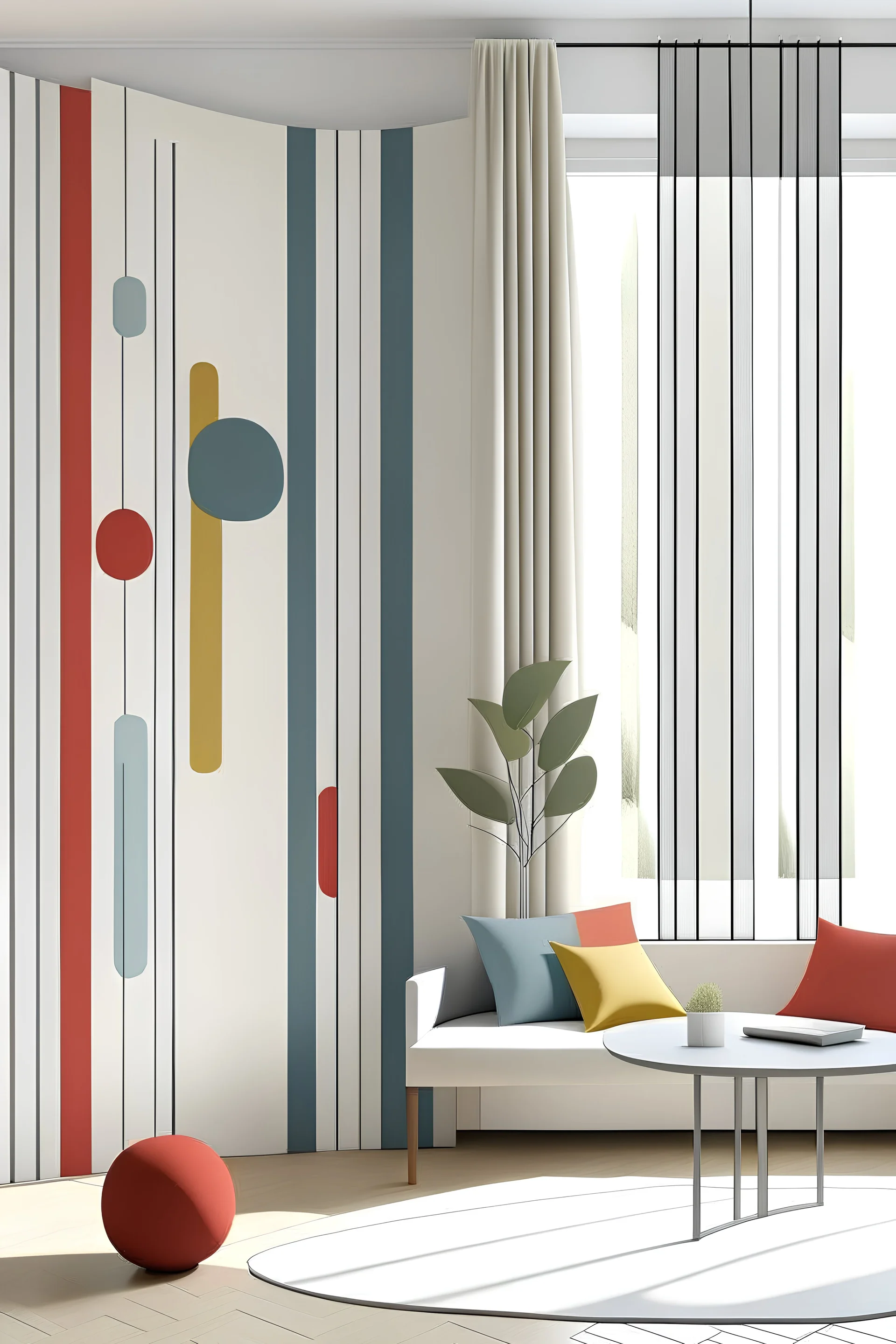 Design of textile furnishings with calm, simple colors and few decorations inspired by the Bauhaus school