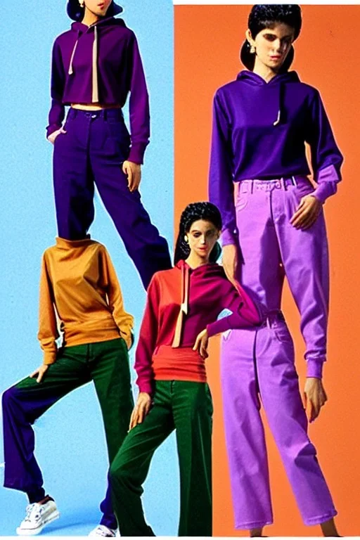 year 1998 women fashion. Straight suit low waist straight suit Combat pants, t-shirt, new kind of hoodie with tippet! recycled denim straight trousers. Colors: denim blue, blue, purple, cream, khaki, "bastel green", lilac, plum, orange, terracotta, red, light yellow, lion yellow, pink, dark blue, beige. Sturnus vulgaris-print. wide belt. Partly latex or leather. Kylie Minogue, Tyra Banks. leg warmer. Cargo pants and hoodie!