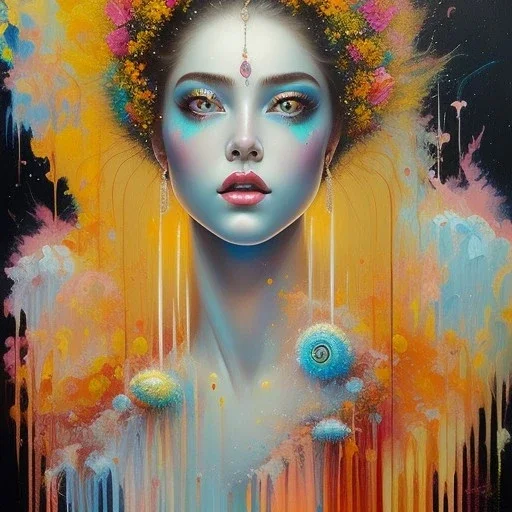 iv_a painting of a young woman, figurative art, an acrylic detailed painting, , brush strokes, paint drips and drabs and splatters by Harumi Hironaka, turquoise pink and yellow, james terrell art, trending on artstation, soft lines,intricate art by bastien lecouffe deharme and greg rutkowski