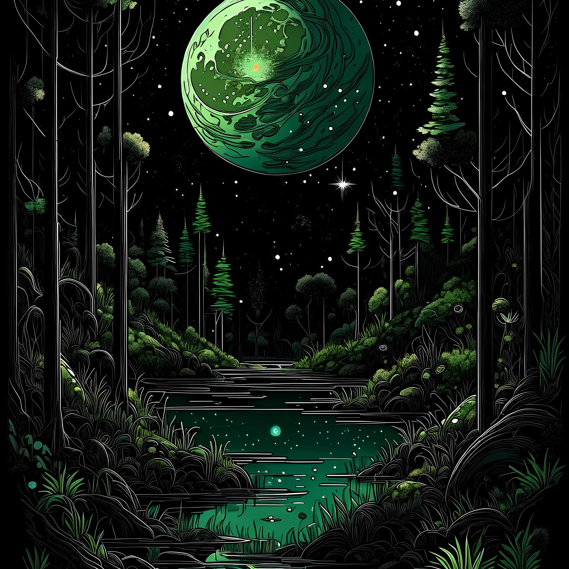 unexplored worlds, epic, fabulous, space, microdetalization, drawing details, clear outline, color illustration, aesthetics, stardust, mystical landscape, curved trees, dark botanical, dark fantasy, multicolor, detailed, 3d, star map, aesthetics of the universe, black, gold, green neon , white, moon, forest, lake, ambient clarity, volumetric, swirls in the sky, fog, white haze, crystals, black and red sky, hyperdetalization