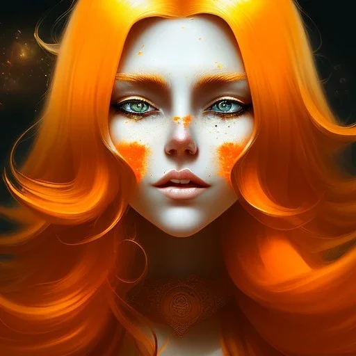 fantasy setting, woman, orange and white hair, wavy hair, freckles, ranger, more orange hair, more streaked white hair