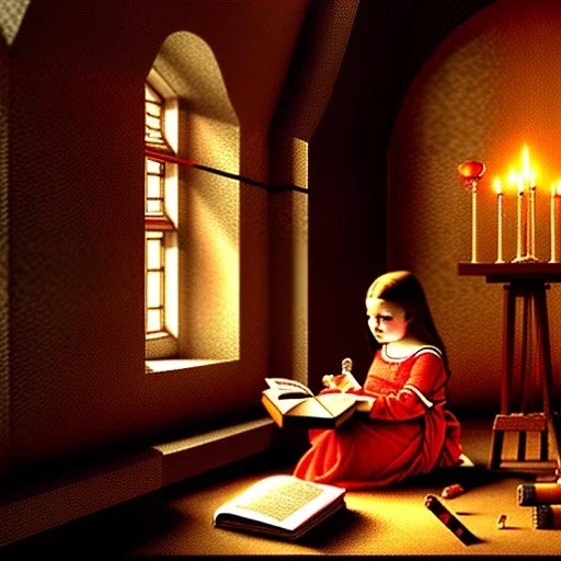 child reading and gathering knowledge in an old room with only candle light, high detail, medieval