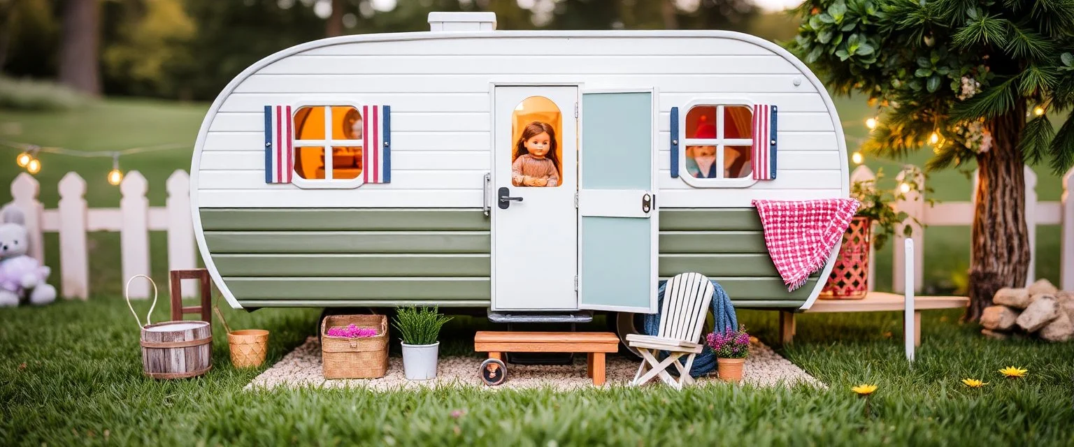 doll house with doll camping wagon
