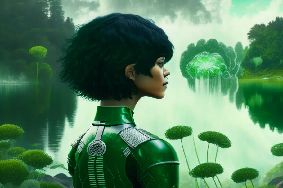 Photo of a skinny woman with a black bob hairstyle, in a green and silver android suit, looking at flying dandelion heads with octopus tentacles looking out over a lake, in an alien forest, with tall narrow cloud trees