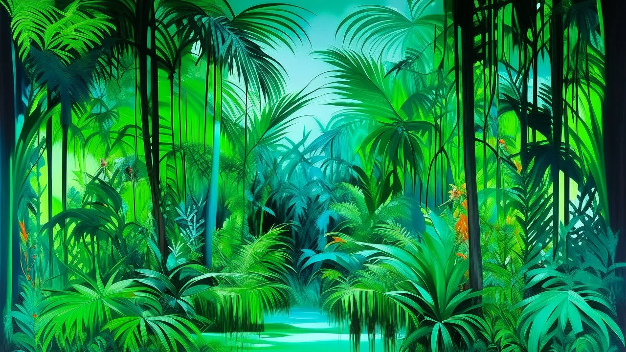 mirrors presenting a mystical constellation of fluid forms, gracefully nestled among dense tropical palm trees with bright green fronds, vibrant color palette