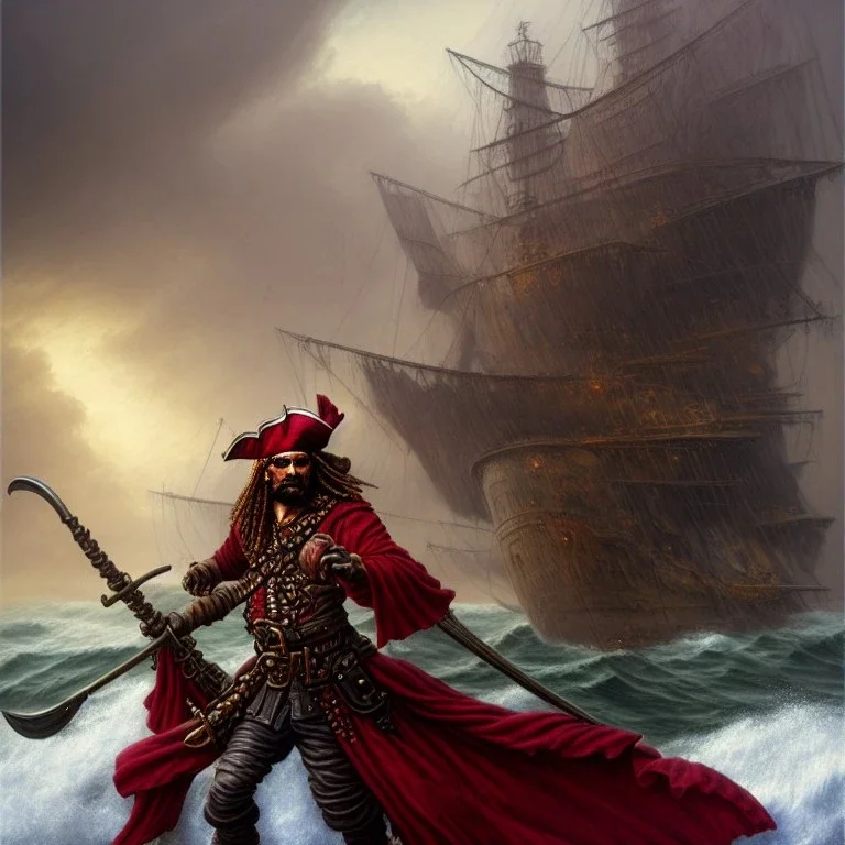 a pirate warrior in dark red armor, on his ship, a highly detailed illustration, background of giant crashing ocean waves, realistic render, 8 k, micro detail, intricate, elegant, centered, digital painting, Artstation, smooth, sharp focus, illustration, artgerm, tomasz alen kopera, peter mohrbacher, donato giancola, joseph christian leyendecker, wlop, boris vallejo