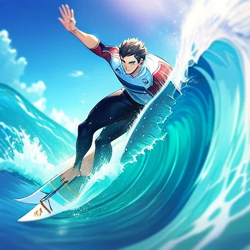 anime boy, surfer boy, surf, waves, perfect wave