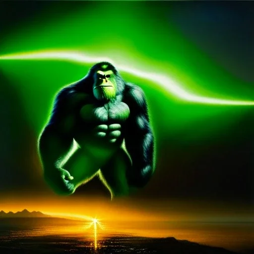 Ultra detailed fullbody Portrait in oil on canvas of king kong merges with Green Lantern with armor,intense stare,extremely detailed digital painting, extremely detailed face,crystal clear Big eyes, mystical colors ,perfectly centered image, perfect composition, rim light, beautiful lighting,masterpiece,8k, stunning scene, raytracing, anatomically correct, in the style of robert e howard and Ken Kelley and Ohrai Noriyoshi and Simon Bisley and tomzj1