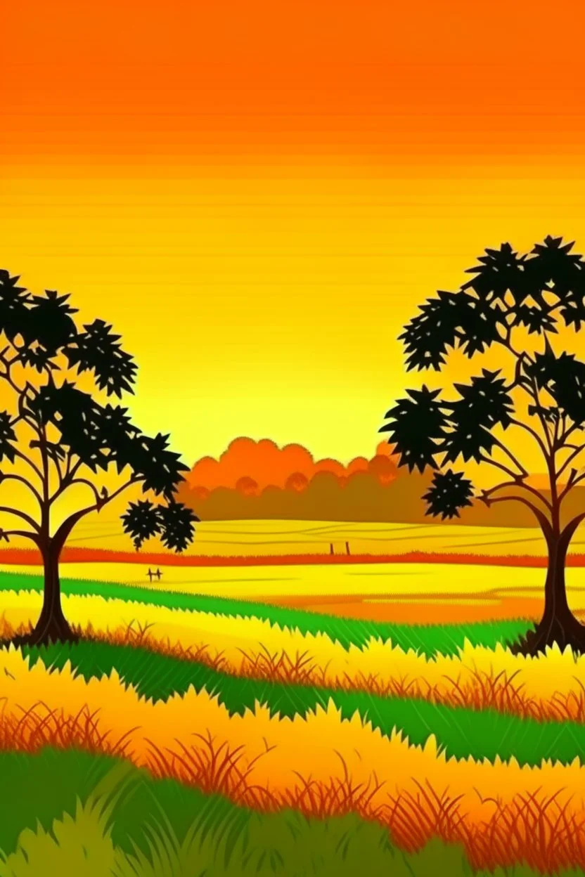 Trees，Warm color palette，The grasshopper stood on the rice field