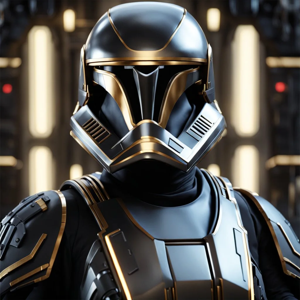 star wars bald male corellian pilot wearing pearlescent black and gunmetal grey First Order special forces heavy assault armor and helmet with gold trim inside the jedi temple, centered portrait, hyperdetailed, dynamic lighting, hyperdetailed background, 8k resolution, volumetric lighting, light skin, fully symmetric details