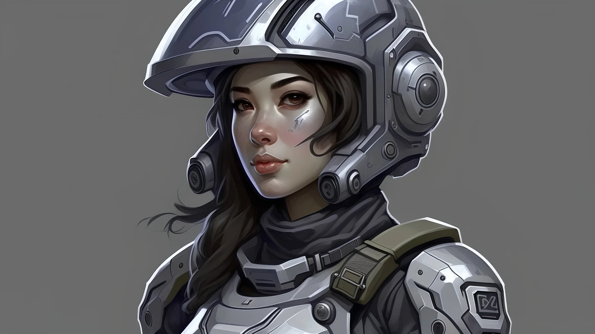 Illustration, girl in warfare realistic armor,helmet, modern style,grey background,full face