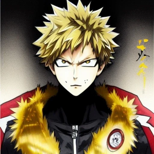 Detailed anime portrait of bakugo from my hero academia, gold hair and golden eyes, black suit, intricate details, full body portrait, keep head in frame, slight smile, black Japanese motif, concept art, highly detailed, digital painting, concept art, sharp focus, illustration, art by Yoji Shinkawa, WLOP and greg rutkowski and alphonse mucha and artgerm and yanjun Chen and Junji ito and Makoto Shinkai, HDR, octane render