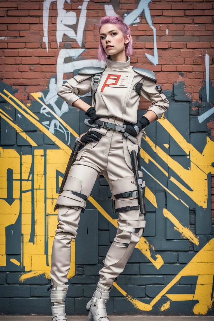 teen woman in retro-futurist cyberpunk costuming with pants and sheathed swords leaning to the side with shoulder against a brick pillar, background is brick with graffiti of a large arrow pointing to the right and text of the word "PUB" on lower left