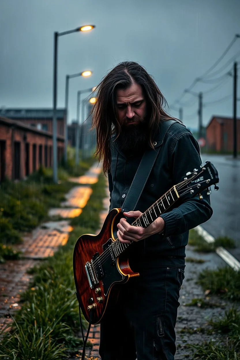 a very disappointed member with guitar case, dark long hair and beard of a death hard rock band who has been kicked out of a rehearsal space in Sweden, old factories style with bricks, deserted place overgrown plants and grass, he stands outside in the rain and cries, street lamps shining, raindrops, wind, empty roads and cycle paths next to it, really bad weather