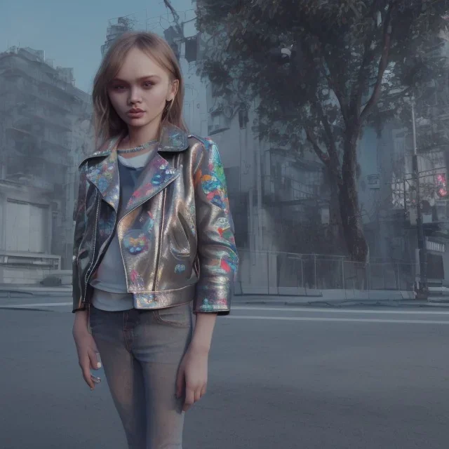 Lily rose depp toddler, full body, floral leather jacket, dynamic pose, tokio background, dramatic lighting, hyper realistic, unreal engine, 8k, upscale