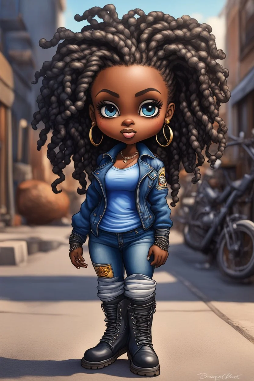 create an oil painting illustration of a chibi cartoon voluptuous black female wearing a blue jean outfit with biker boots. Prominent make up with hazel eyes. Extremely highly detail of a twisted dreadlocks. Background of a bike show.