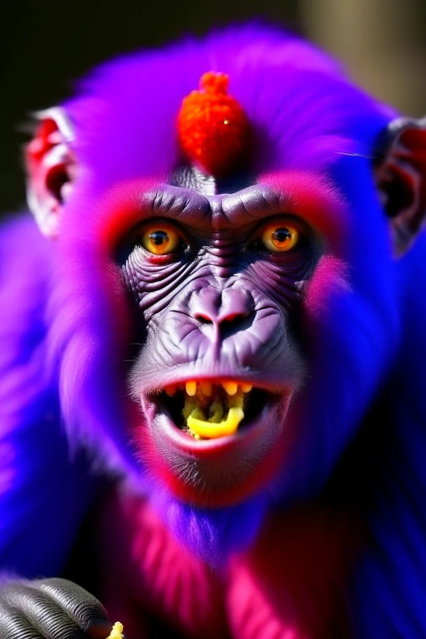 big purple monkey with spicy pepper in mouth