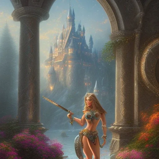 cinematic, majestic female barbarian, bodybuilder woman, bokeh, castle fortress, by thomas kinkade mark keathley terry redlin