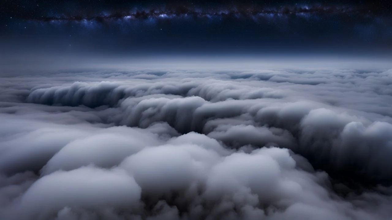 looking down from space at the mist and clouds and storm, surrounded by the mist at night starry sky. majority of the image is space