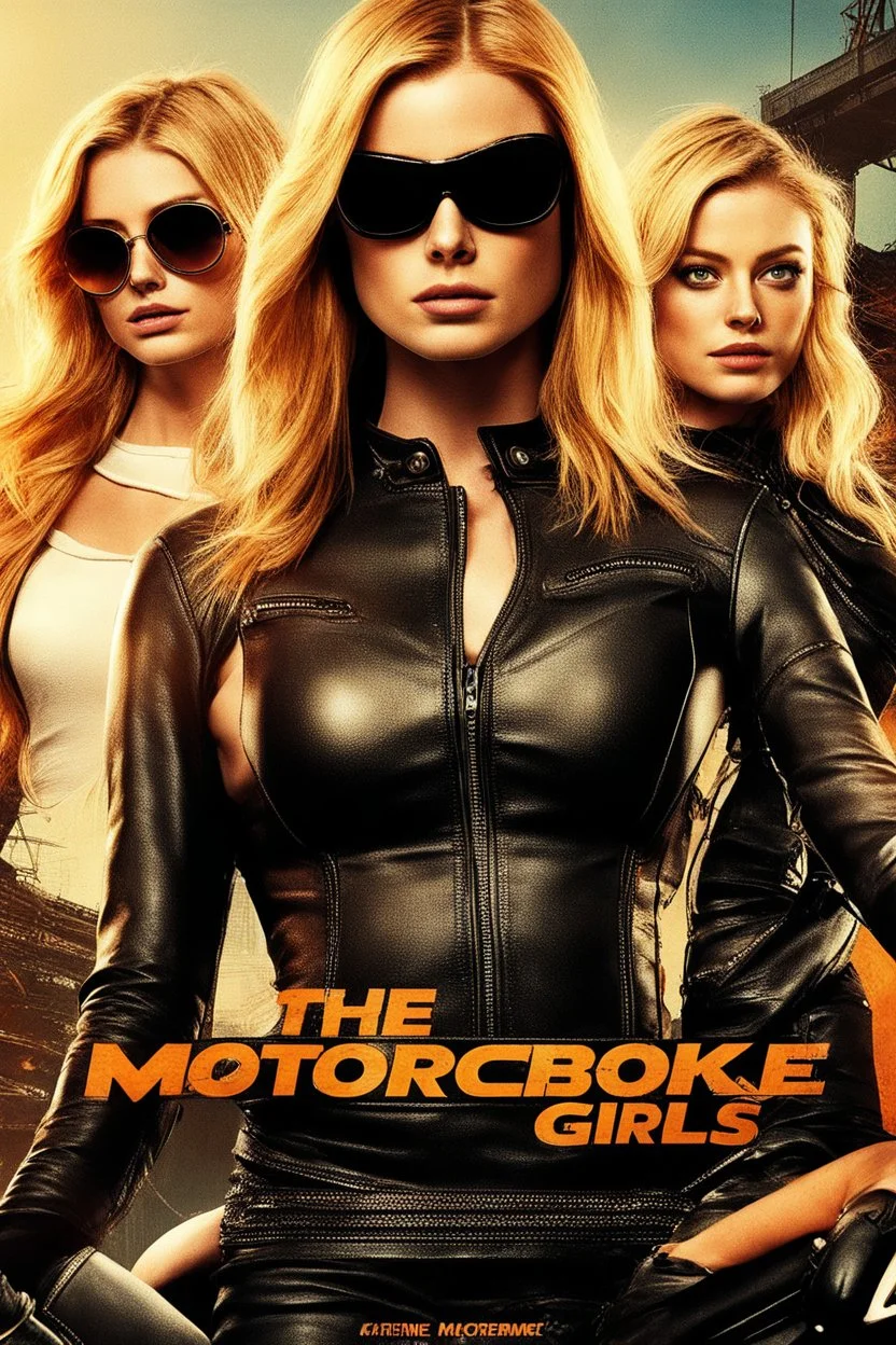 Poster for an action film called "The Motorbike Girls" starring Katherine McNamara, Margot Robbie and Georgia Henshaw wearing tight leather catsuits.