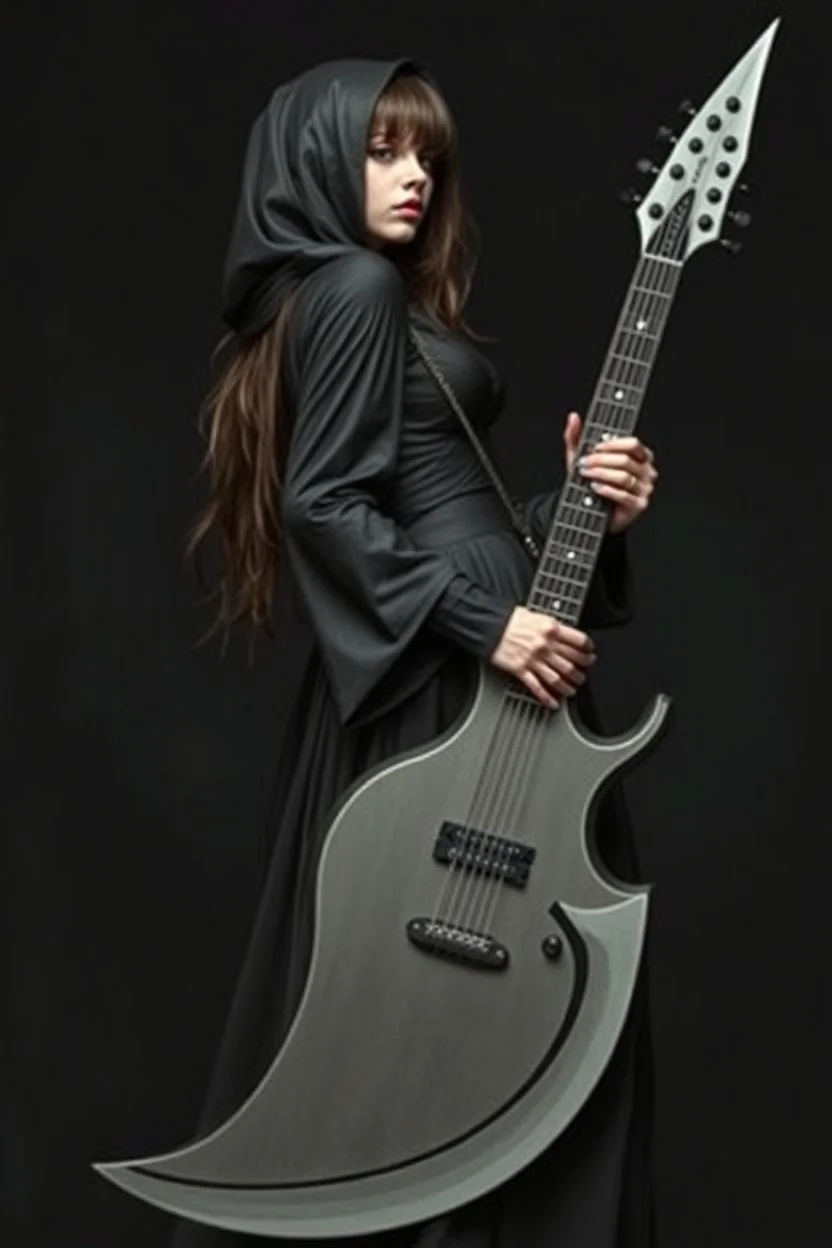pretty goth girl(dressed in black flowing robes) rockin' on a scythe styled guitar, leaning back, dark background, photo realism