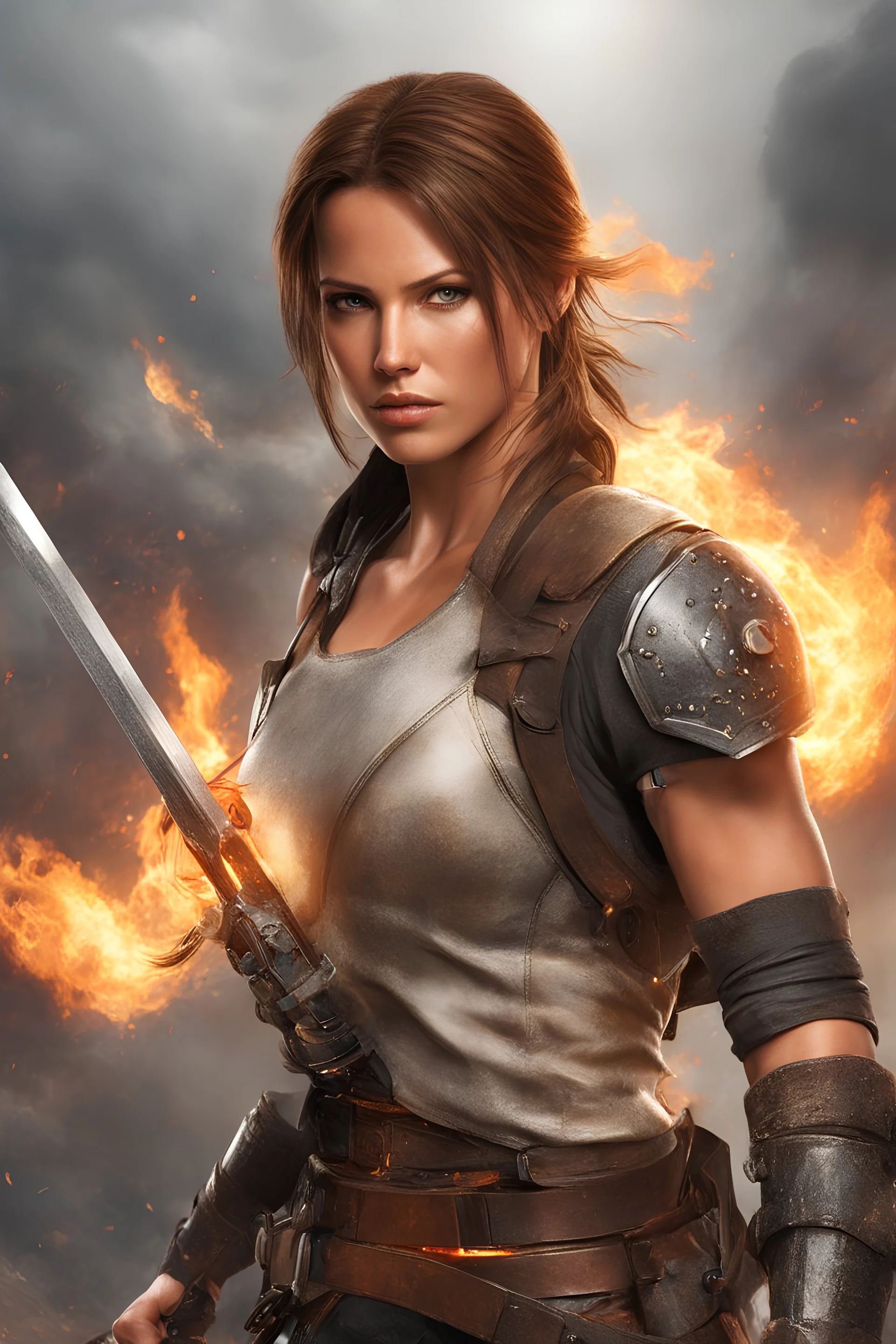 Realistic photo of Lara Croft Tomb Raider character with brownish hair and wearing iconic leather armor and is holding a flaming sword with a battlefield in the background