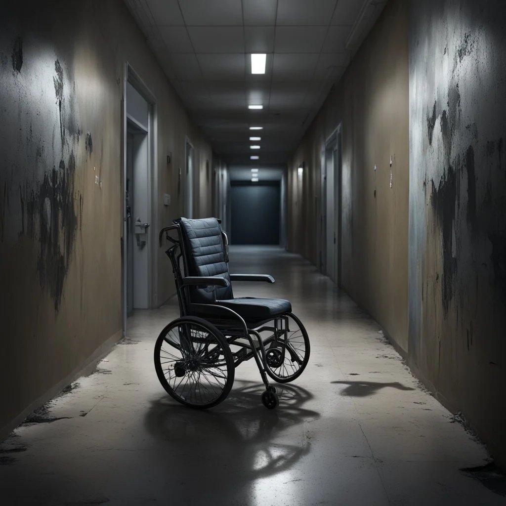 Hyper Realistic wheelchair in between of a dark hallway of a huge hospital at night with peeling wall paint