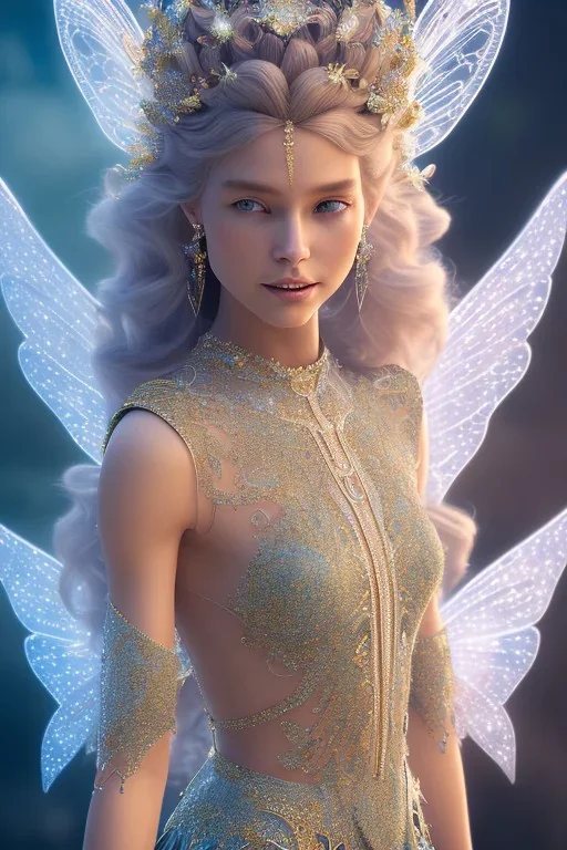 A portrait of a crystalline fairy, smile, mythical,fantasy , magnificent, majestic, highly intricate, Realistic photography, incredibly detailed, ultra high resolution, 8k, complex 3d render, cinema 4d