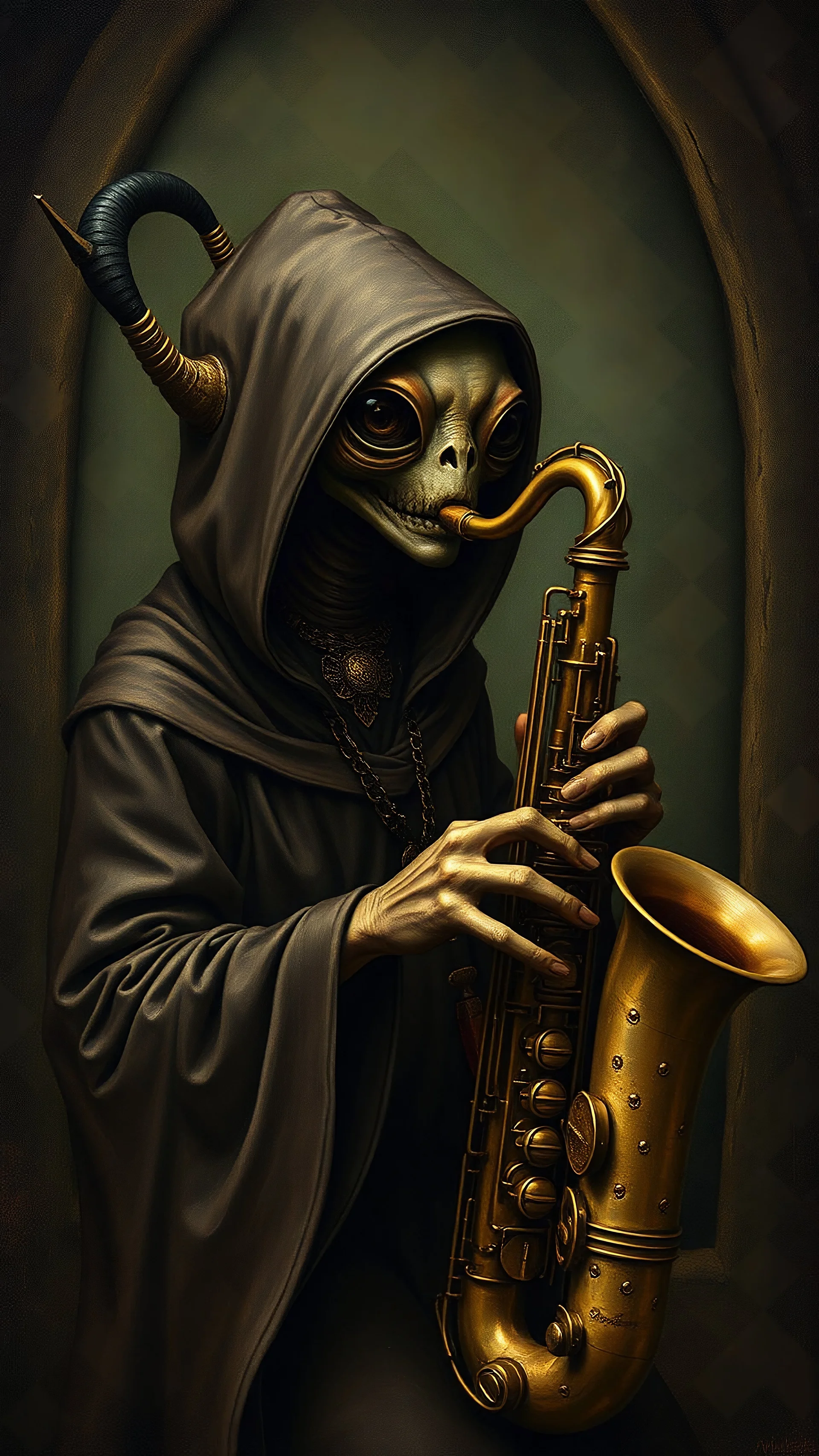 Hieronymus Bosch style , a hooded alien playing the saxophone