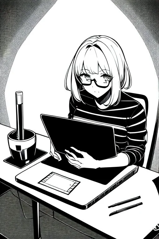 hacker girl with glasses use a laptop sitting in a cafe, line arts, greyscale