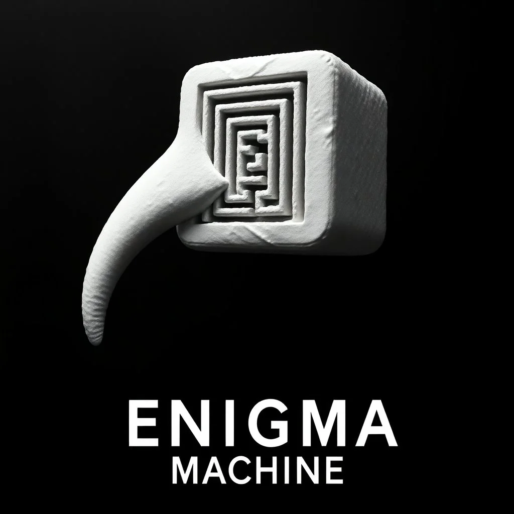 make a modernist surreal image with a text= "ENIGMA MACHINE", deconstructivism, digital photography, anthropomorphic long-necked marshmallow enigma with a maze for a head, op art, metaphoric, nihilistic, dark negative space, high contrast, artistic, fantastical